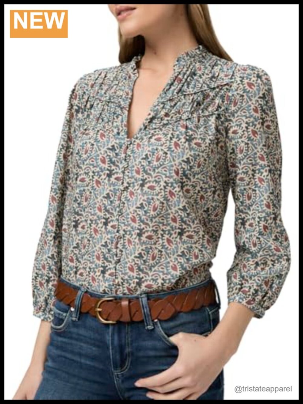 Paige Women's Arlette Blouse - 3/4 Sleeve V-Neck Button-Front Floral Peasant Top